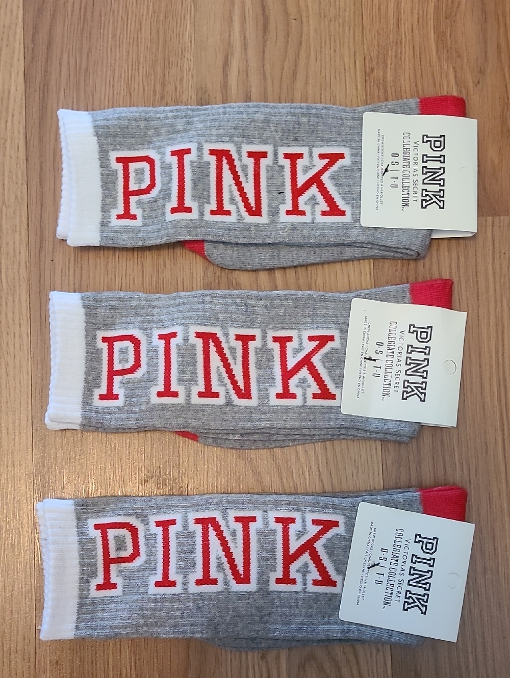 PINK Victoria's Secret Grey Crew Socks with Red Logo (3-Pack)